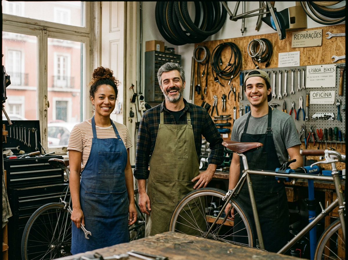 Rita, André e Lara na oficina de bicicletas