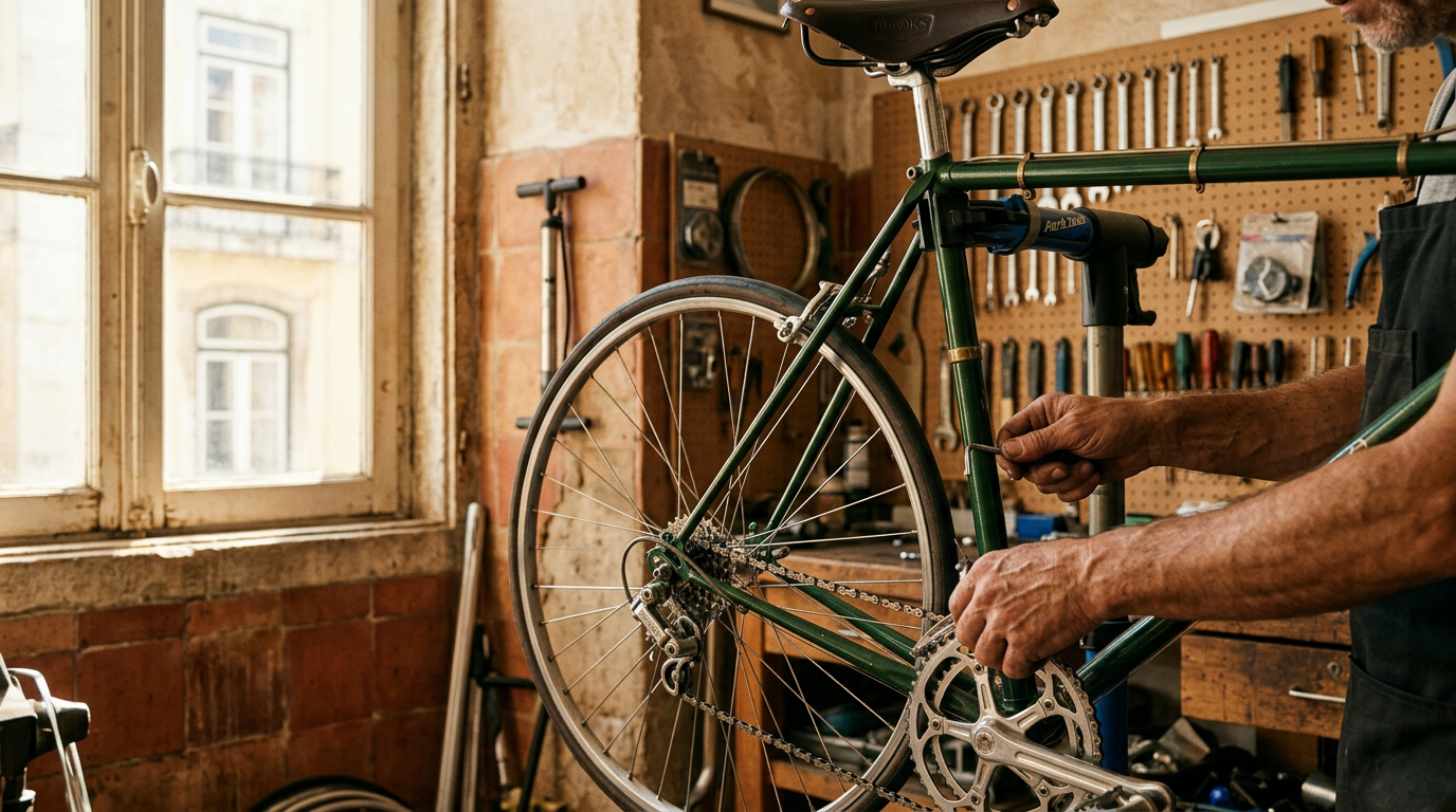 Mecânico a afinar uma bicicleta clássica na oficina